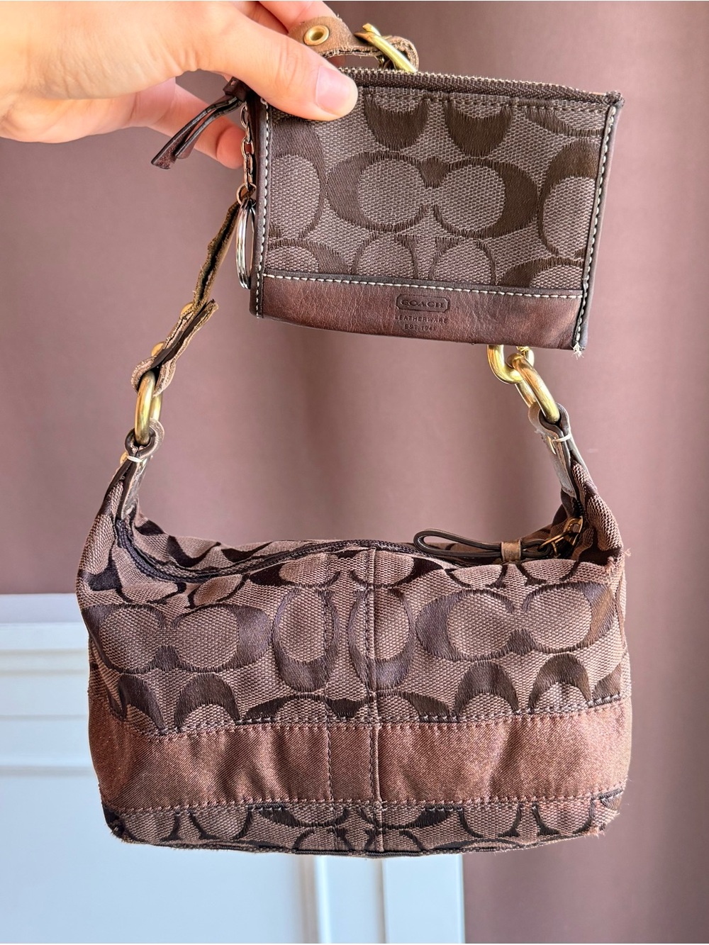 Vintage Coach brown small hobo monogram bag with wallet set